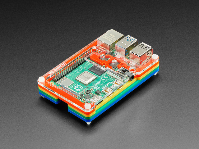 Angled shot of Rainbow Pibow Coupé 4 for Raspberry Pi 4.