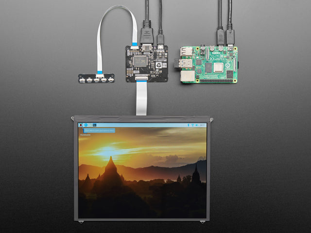 Top down view of assembled components to a  Pimoroni HDMI 10" IPS LCD Screen Kit.

