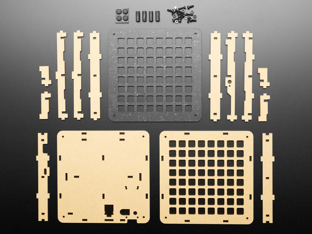 Adafruit 8x8 Trellis Feather M4 Acrylic Enclosure + Hardware Kit showing contents