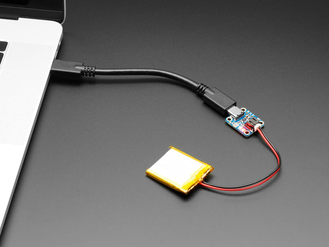 Adafruit Micro-Lipo Charger for LiPoly Batt with USB Type C Jack connected to Lipoly battery and USB cable. 