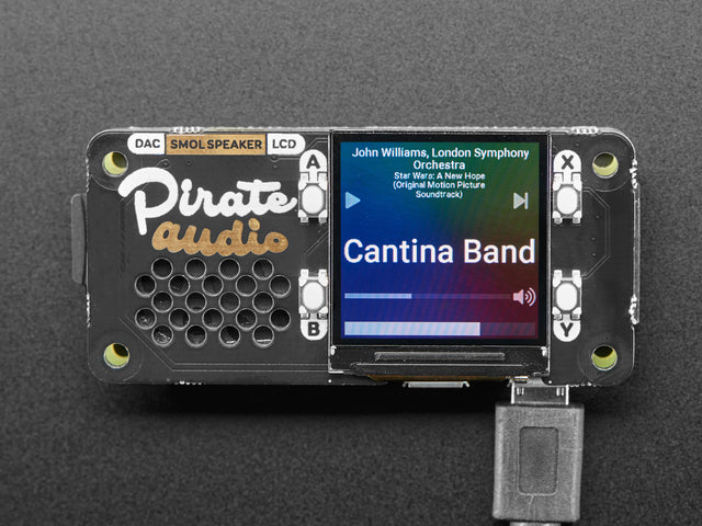 Powered on Pirate Audio: Speaker for Raspberry Pi - Built-in 1W Speaker.