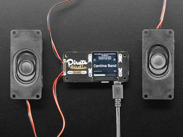 Pirate Audio: 3W Stereo Speaker Amp for Raspberry Pi connected to a set of speakers. 