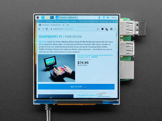 Pimoroni HyperPixel 4.0 Square - Hi-Res Display for Raspberry Pi - Non-Touch - PIM475. Display showing a desktop like image of the  Pimoroni product on the adafruit website. 