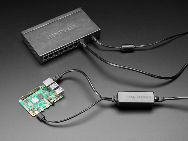 PoE Adapter connected to Raspberry Pi and PoE hub