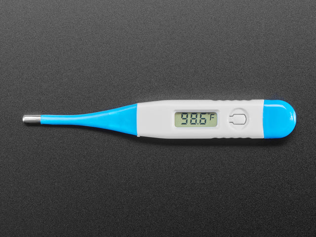 Blue and white thermometer showing a temperature reading