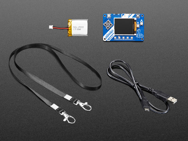 Adafruit PyBadge Starter Kit with PCB, lanyard, battery and cable