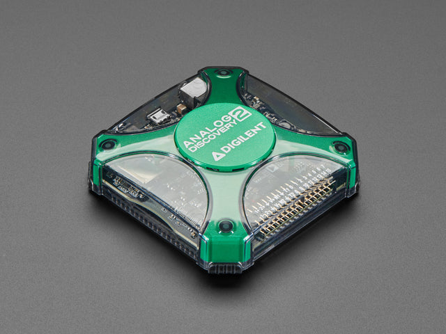 Angled shot of a Digilent Analog Discovery 2 USB Oscilloscope and Logic Analyzer.