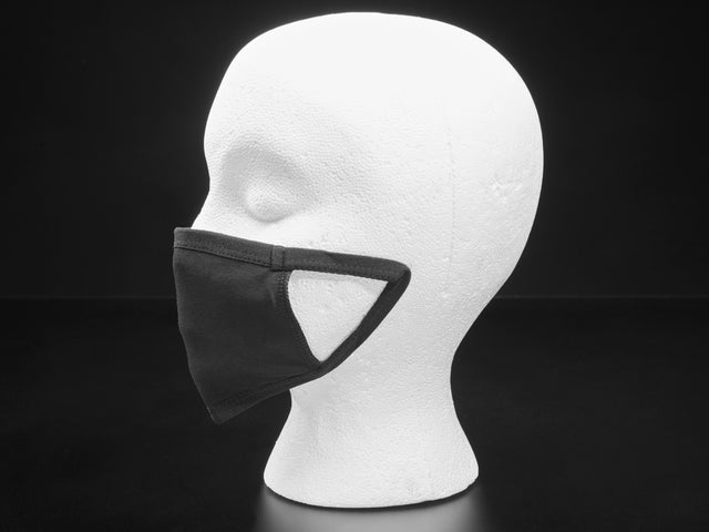 Black cloth face mask shown on a mannequin