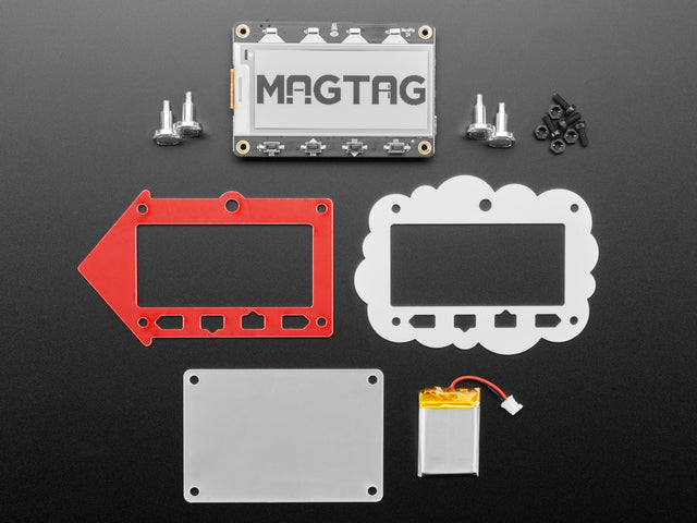 MagTag dev board with enclosure pieces, four magnet feet, and lipoly battery