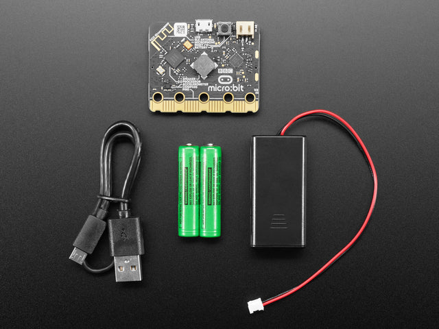 Top down view of micro:bit v2 Go Bundle, Batteries and USB Cable.