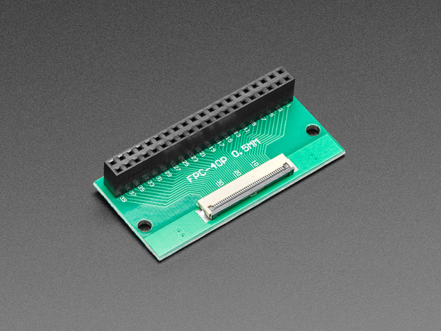 Angled shot of 40-pin FPC connector on 2x20 socket header adapter PCB.