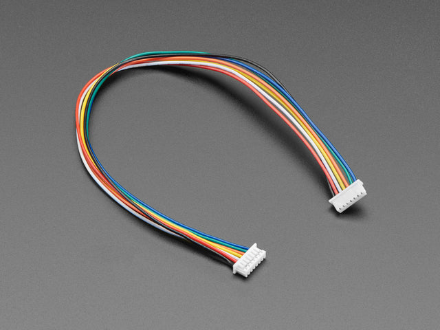 Angled shot of 20cm long 1.25mm pitch 7-pin color-coded cable.