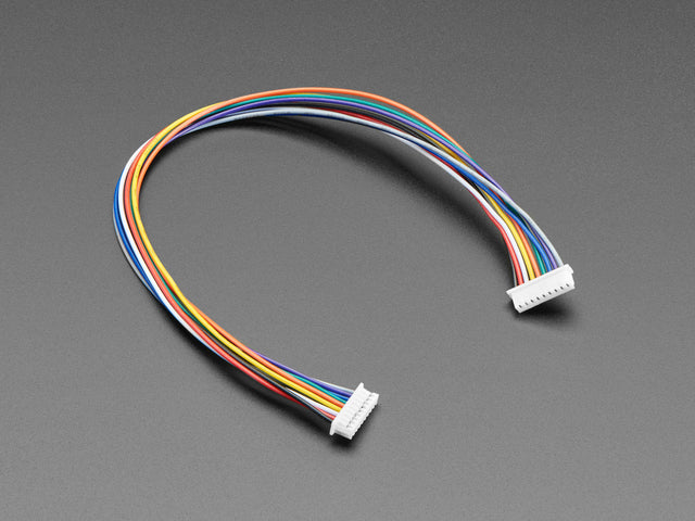 Angled shot of 20cm long 1.25mm pitch color-coded 9-pin cable.