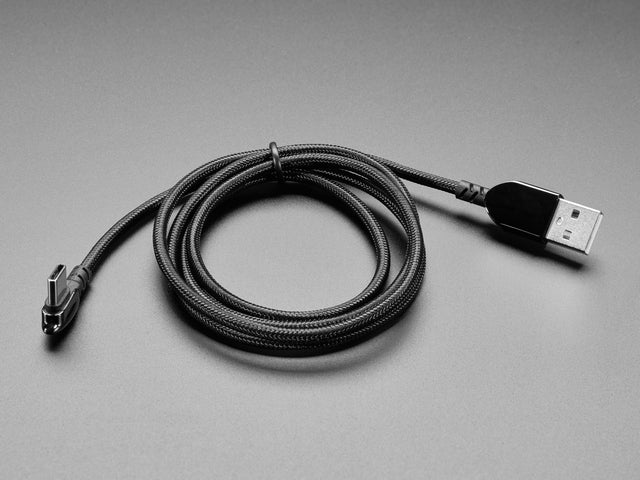 Top shot of  right angle USB C to A woven 1m length black