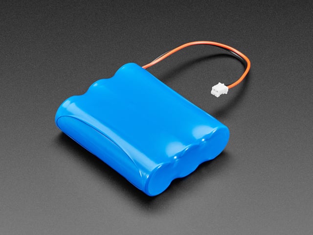 Angled shot of blue rectangular lithium polymer battery with 2-pin JST connector.