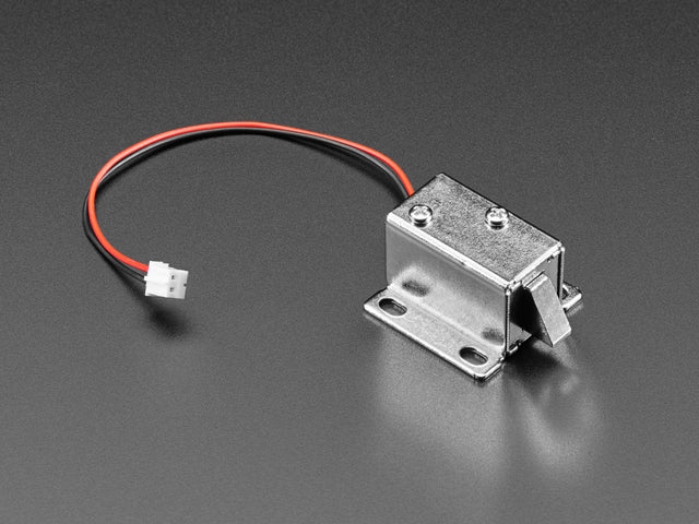 Angled shot of short lock-style solenoid with 2-pin JST connector.