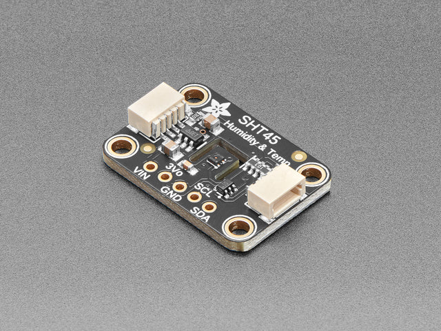 Angled shot of black rectangular temperature-humidity sensor breakout.