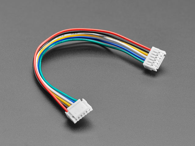 Angled shot of 100mm long JST-GH 6-pin cable.