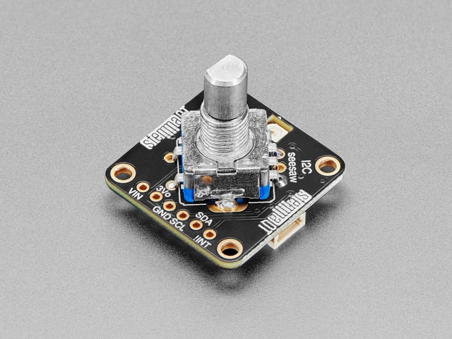 Angled Shot of the I2C Stemma QT Rotary Encoder Breakout with Encoder.