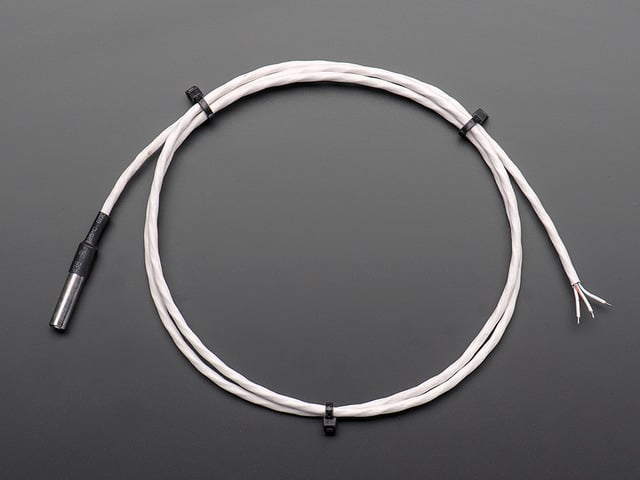 Top down view of a white High Temp Waterproof DS18B20 Digital temperature sensor.