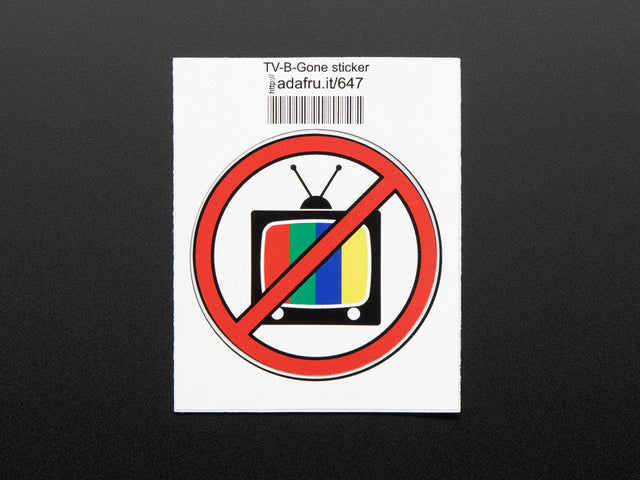 Circular sticker with an image of a television crossed out with red line. Mounted on white paper with barcode