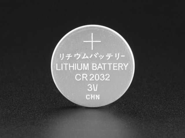 Front shot of CR2032 Lithium Coin Cell Battery upright.