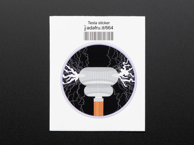 Circular sticker with tesla coil machine in copper and grey shooting out lavender and white brush discharges on a black background, trimmed in lavender. Mounted on white paper with barcode. 