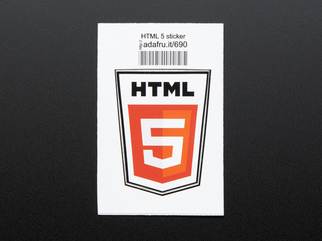 Shield shaped sticker with the black letters HTML over a red box with a white number 5, on a white background. The badge is trimmed in black and mounted on white paper with barcode