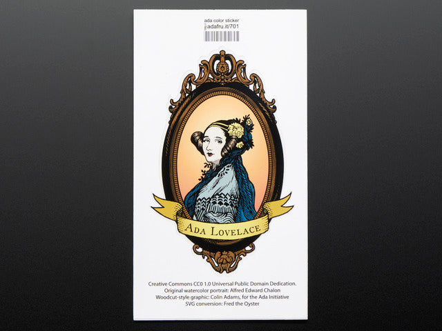 Colorizes woodcut portrait showing bust of Ada Lovelace over light orange background, framed with banner reading "Ada Lovelace" Mounted on white paper with barcode. 