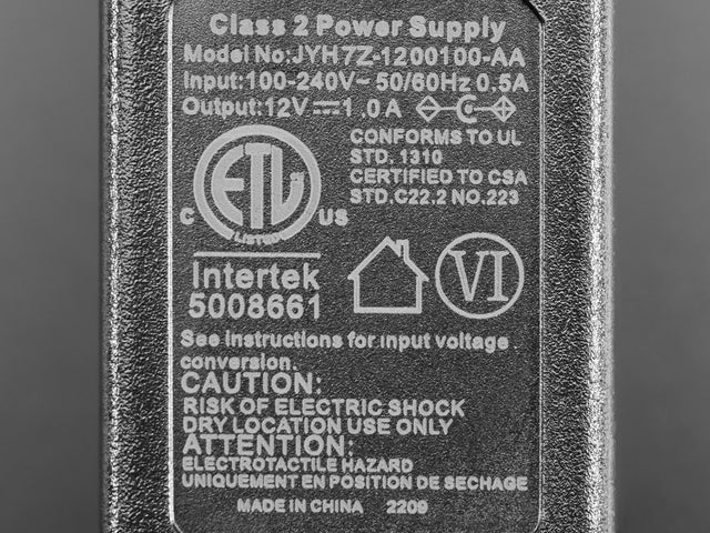 12V DC 1000mA (1A) regulated switching power adapter - UL listed
