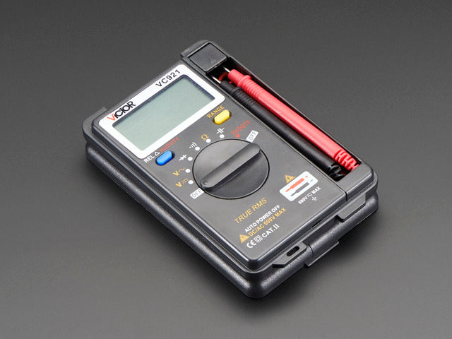 Angled shot of a Pocket Autoranging Digital Multimeter. 