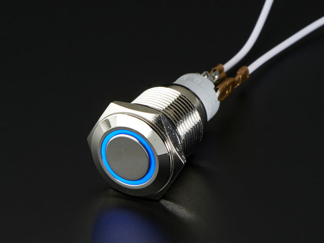 Angled shot of a Rugged Metal On/Off Switch with Blue LED Ring.