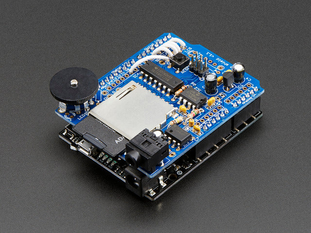 Angled view of an assembled Adafruit Wave Shield for Arduino Kit. 