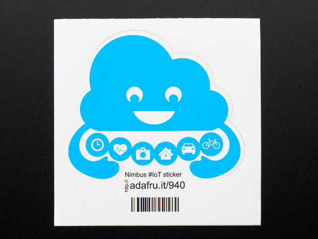 Sky blue Cloud shape sticker with arms that display a hug containing a row of six small circles that display a clock, heart, camera, house, car and a bike.   